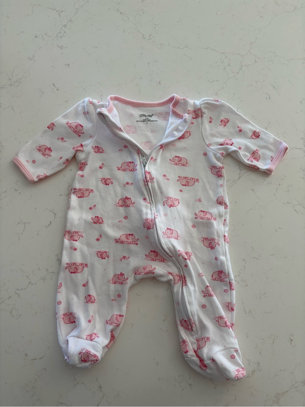 (2) onesies Little Me White Footed One-Piece with Pink Elephant Print
